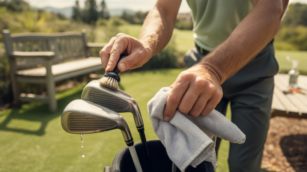 Golfeur nettoyant soigneusement ses clubs de golf à l’extérieur avec une brosse et une serviette, dans une scène naturelle et réaliste.